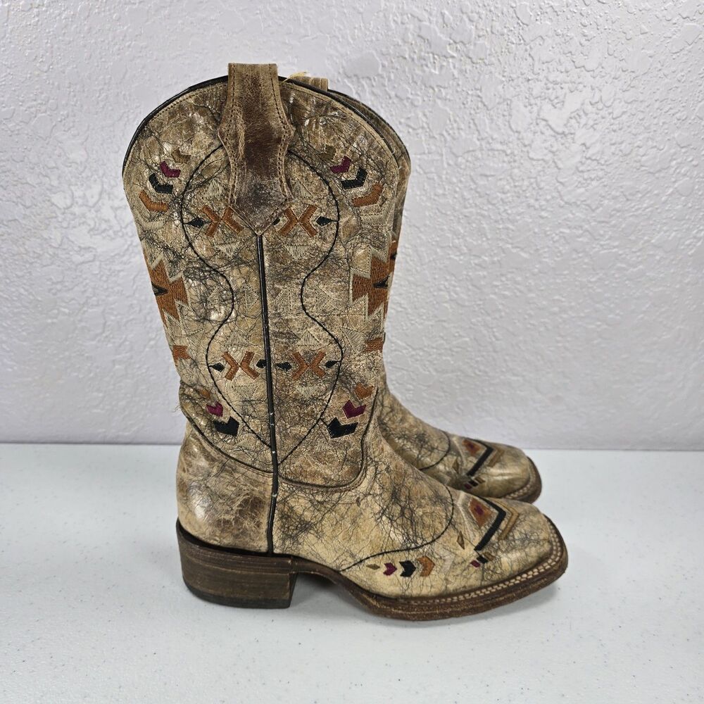 Corral Teen Boots Girls 2 A3155 Aztec Tan Leather Embroidered Sqaure Toe